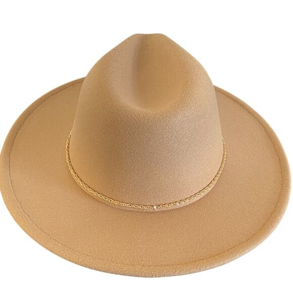 Camel Tan Felt Gold Tone Chain Band Fedora Hat NWT main image 8
